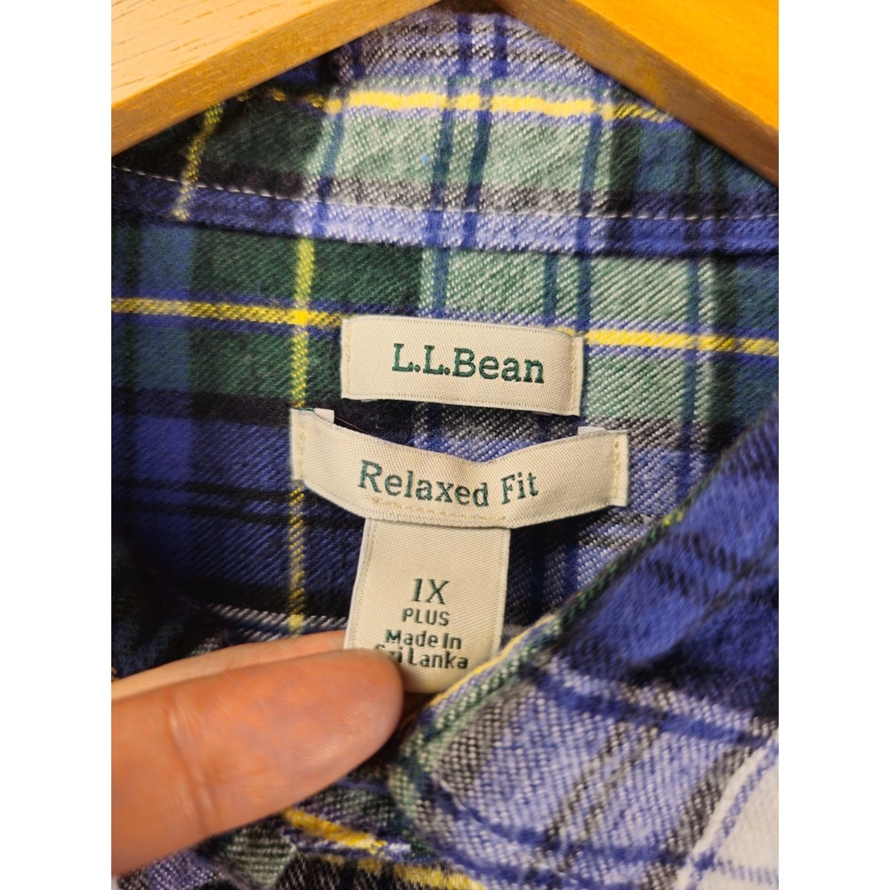 LL BEAN Women's 1X Scotch Plaid Flannel Shirt Relaxed White Green Blue - Picture 4 of 6